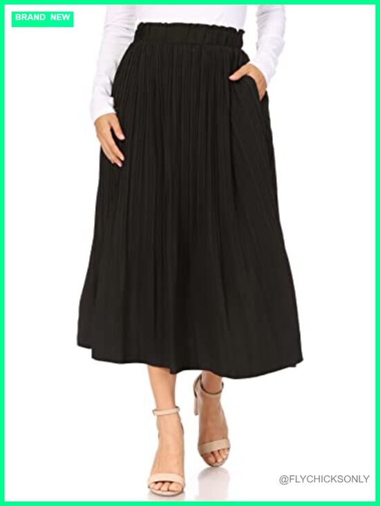 Dresses & Skirts - Pleated Midi Skirt with Pockets, Elastic High Waist, A-Line, Reg & Plus Size